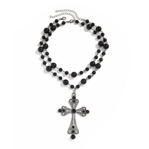 personality punk style imitation pearl necklace cross sweet cool long pendant accessory for women gift