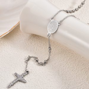 Gold Buddha Bead Chain Stainless Steel Round Bead Cross Necklace Vintage Virgin Pendant Stainless